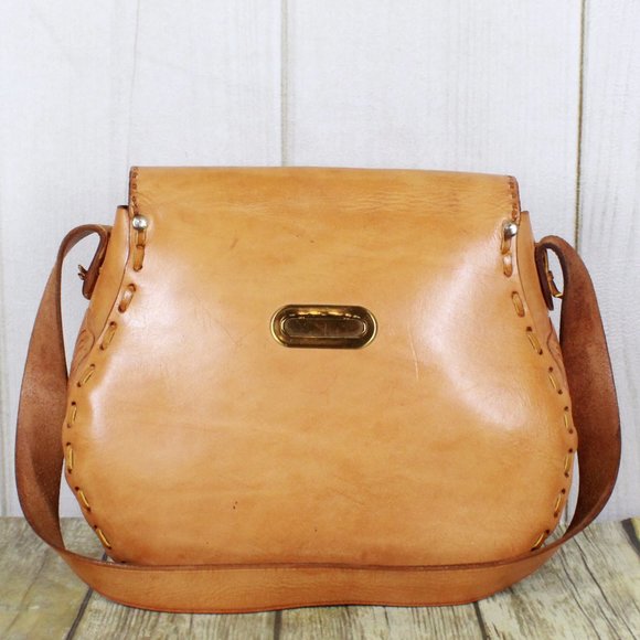 Vintage Brown Leather Hand-Carved Stitched Detail Shoulder Bag - Picture 11 of 12